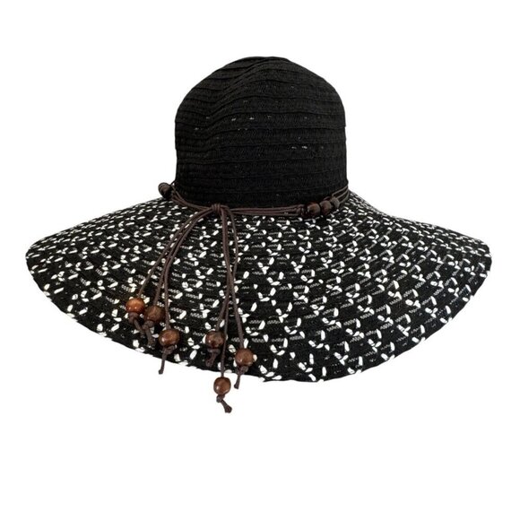 Fashion Hat Wide Brim Woven Sun Hat Beaded String Band NWT Black - Picture 2 of 15